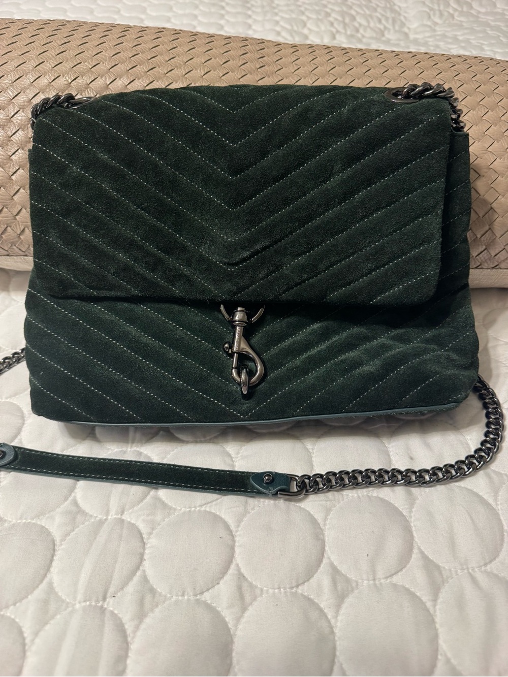 Rebecca Minkoff Dark Green Quilted Velvet Chain Shoulder Bag